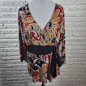 Dress Barn Womens Top 1X Plus 3/4 Sleeve Red Tan Floral Poly Blend FLO184E